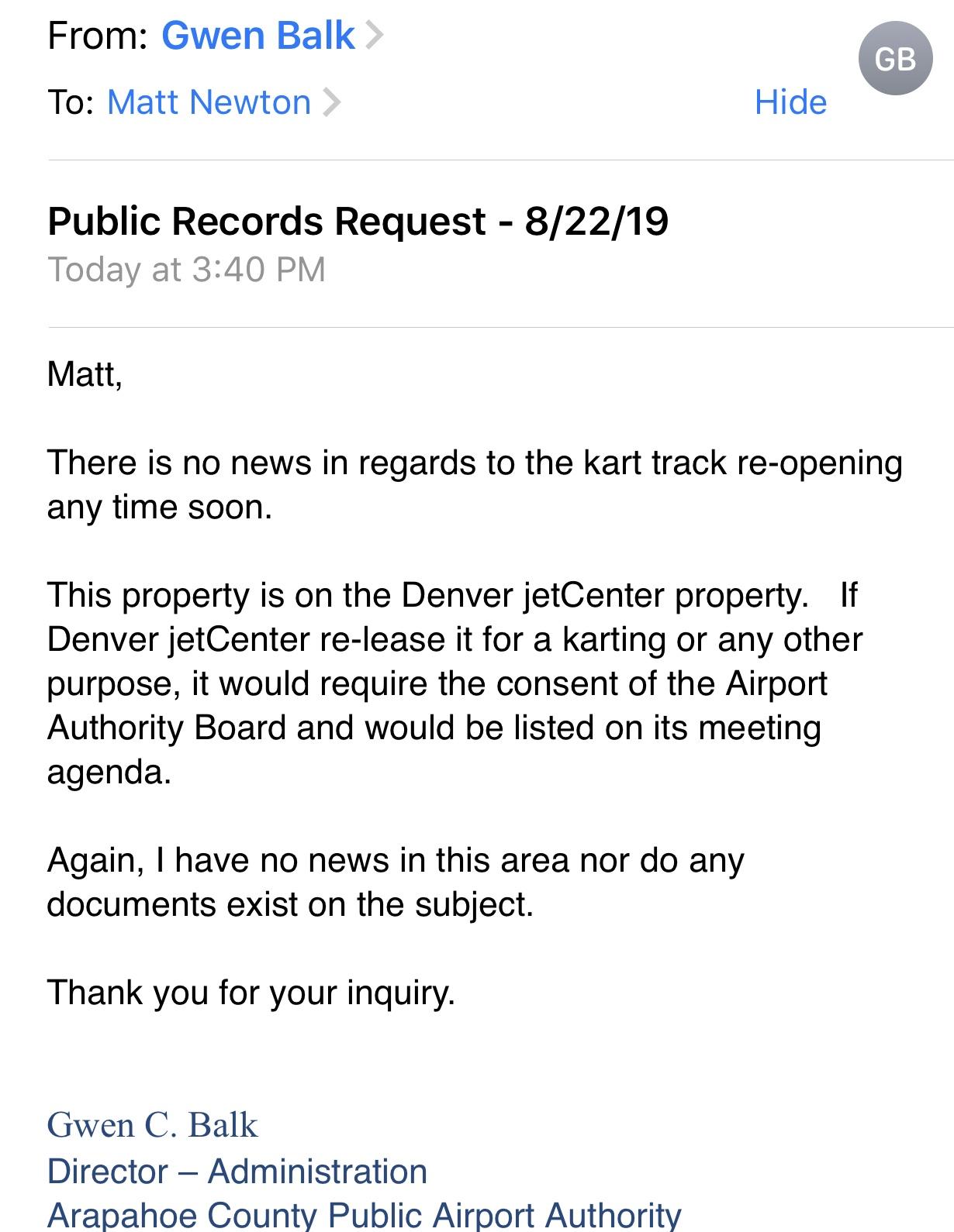 Communication from Centennial Airport 